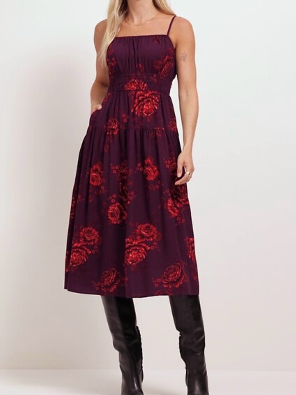 Old Navy - Sleeveless Burgundy Floral Midi Dress with Spaghetti Straps